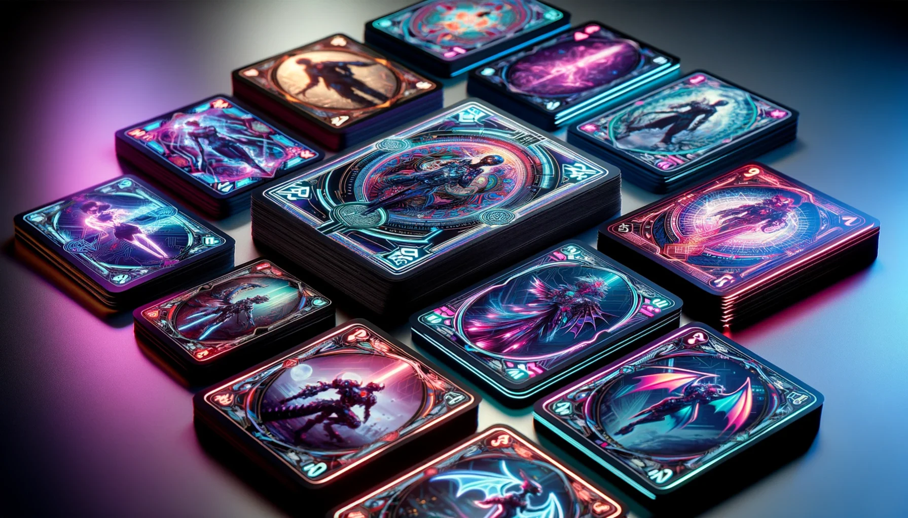 DALL·E 2024-04-09 14.43.42 - Visualize a close-up, detailed view of a cyberpunk-themed deck of cards, styled in anime aesthetics. Each card is richly designed with futuristic moti.jpg