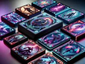 DALL·E 2024-04-09 14.43.42 - Visualize a close-up, detailed view of a cyberpunk-themed deck of cards, styled in anime aesthetics. Each card is richly designed with futuristic moti.jpg