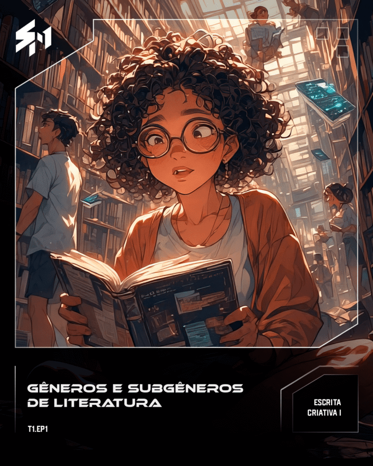 Pessoas em uma biblioteca segurando livros de diferentes gêneros (romance, ficção, fantasia,etc)