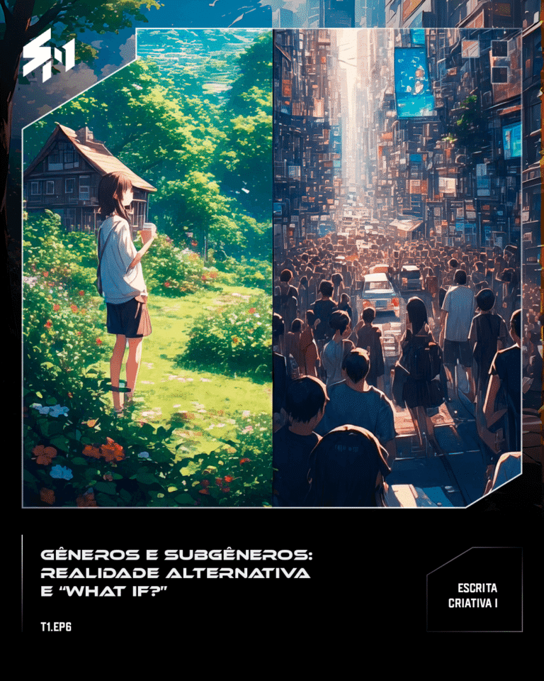 Tela dividida em duas cenas: uma com uma pessoa vivendo no campo e outra com a mesma pessoa vivendo no caos da cidade.
