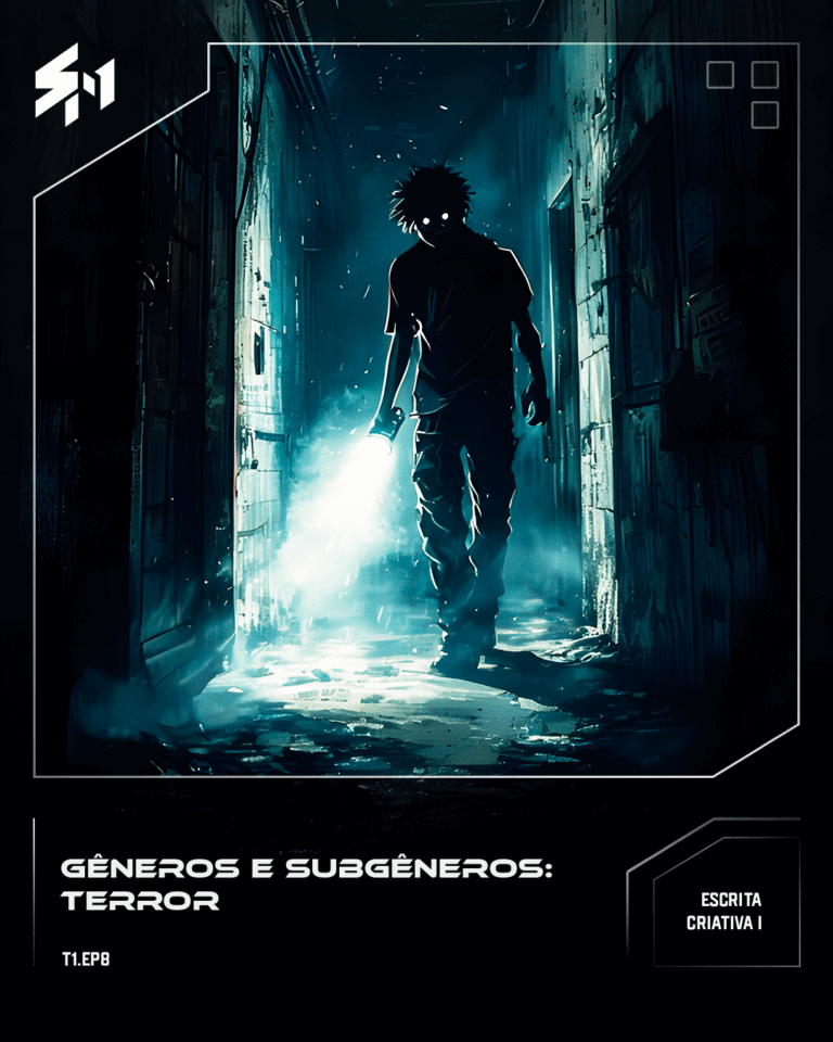 Um corredor escuro e sombrio com uma pessoa expressando medo e tensão para atravessar.