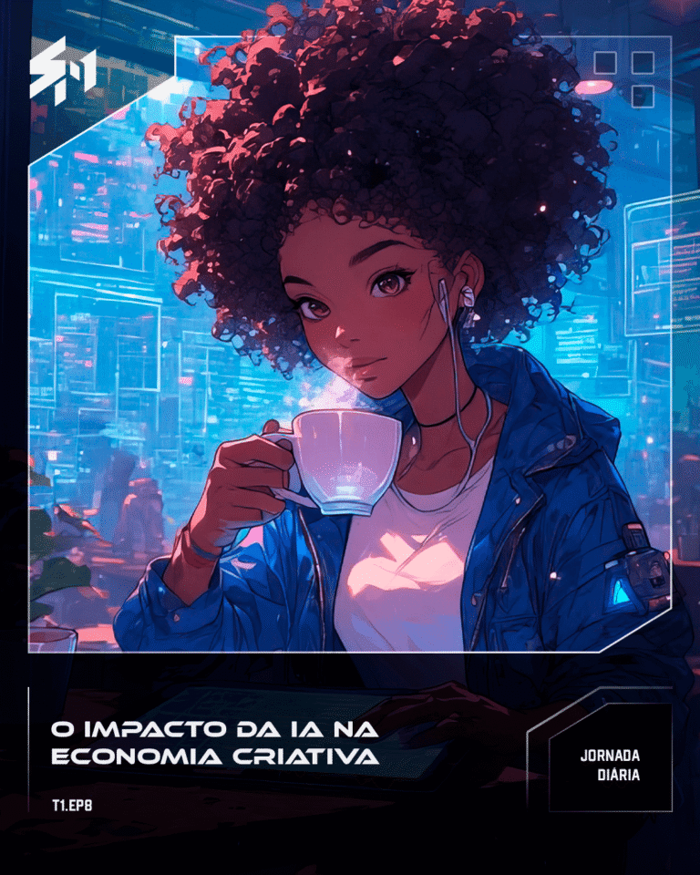 Maya sentada no café bebendo chá e trabalhando em seu tablet